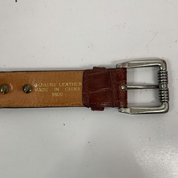 Brown Leather Size M Croc Embossed Braided Belt Silver Tone Heavy Buckle Concho - Picture 3 of 10